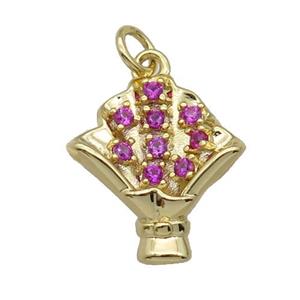 copper flower pendant paved zircon, gold plated, approx 12.5-14mm