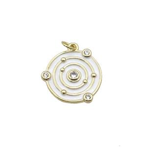 Copper Planet Pendant Pave Zirconia White Enamel Gold Plated, approx 14mm dia