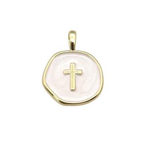 copper coin pendant with white enamel, cross, gold plated, approx 14mm