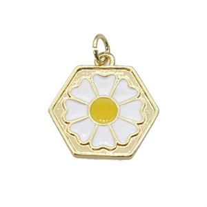 copper Daisy flower pendant with white enamel, gold plated, approx 17mm