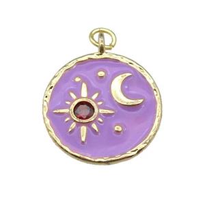 copper Circle pendant paved zircon with lavender enamel, moon, sun, gold plated, approx 18mm dia