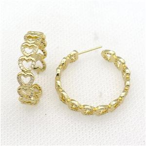 copper Stud Earrings paved zircon, heart, gold plated, approx 6.8mm, 30mm dia