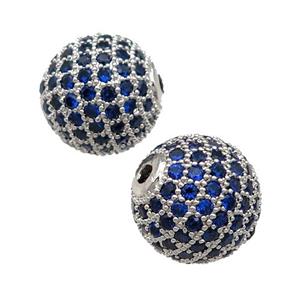 round Copper Beads Paved blue Zircon, platinum plated, approx 12mm dia