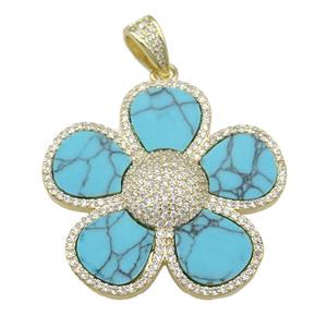 copper Flower pendant paved Turquoise, zircon, gold plated, approx 38mm