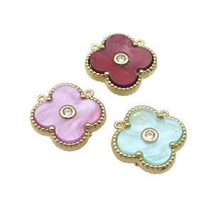 copper Clover pendant pave shell, gold plated, mixed, approx 18mm
