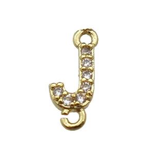 copper letter-J connector pave zircon, gold plated, approx 8mm