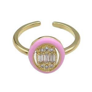 copper Ring pave zircon pink enamel oval gold plated, approx 10-12mm, 18mm dia