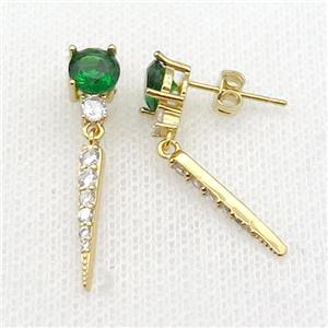 copper Stud Earring pave zircon gold plated, approx 6mm, 18mm