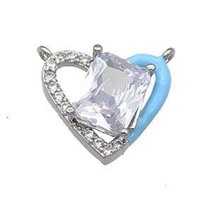 Copper Heart Pendant Pave Zircon Blue Enamel Platinum Plated, approx 15-17.5mm