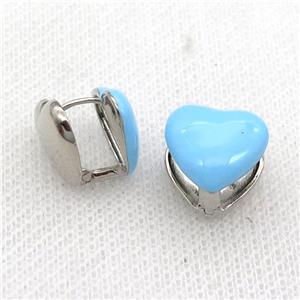 Copper Latchback Earring Blue Enamel Heart Platinum Plated, approx 13mm