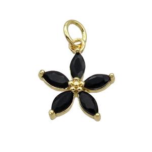 Copper Flower Pendant Pave Black Crystal Gold Plated, approx 12.5mm