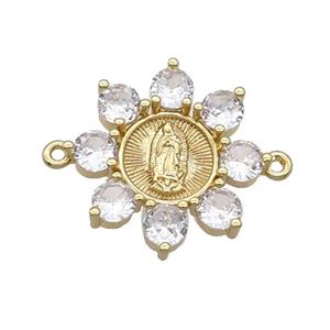 Copper Flower Connector Pave Crystal Jesus Gold Plated, approx 24mm