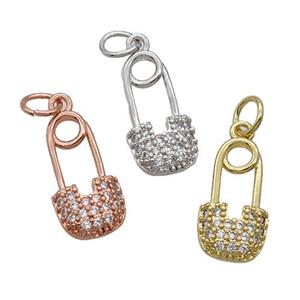 Copper Pendant Pave Zircon Safety Pin Mixed, approx 8-16mm
