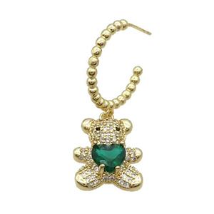 Copper Stud Earring With Bear Pave Zircon Green Gold Plated, approx 14-18mm, 18mm dia