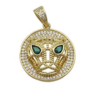 Copper Pendant Leopard Pave Zircon Circle Gold Plated, approx 23mm