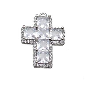 Copper Cross Pendant Pave Clear Crystal Glass Platinum Plated, approx 18-23mm