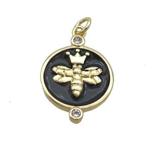 Copper Honeybee Pendant Circle Black Enamel Gold Plated, approx 15mm