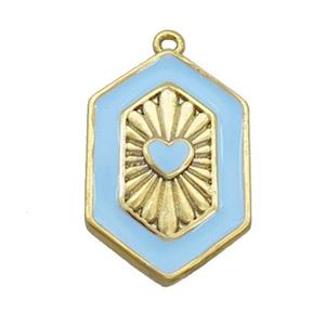Copper Hexagon Pendant Blue Enamel Heart Gold Plated, approx 13-20mm