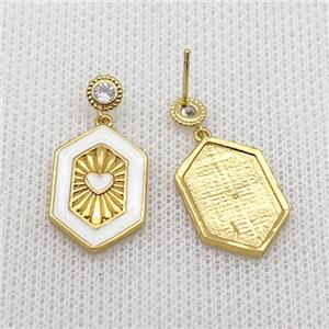 Copper Stud Earring Hexagon White Enamel Gold Plated, approx 14-20mm