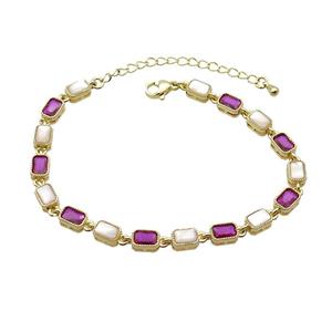 Copper Bracelets Pave Fuchsia Zirocn Rectangle Gold Plated, approx 5-7mm, 18-24cm length