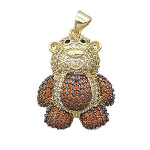 Copper Bear Pendant Pave Orange Zircon Gold Plated, approx 18-26mm