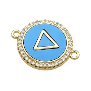 Copper Triangle Pendant Pave Blue Shell Zircon Circle 18K Gold Plated, approx 18mm