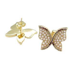 Copper Butterfly Stud Earrings Pave Pearlized Resin Zircon Gold Plated, approx 16-18mm