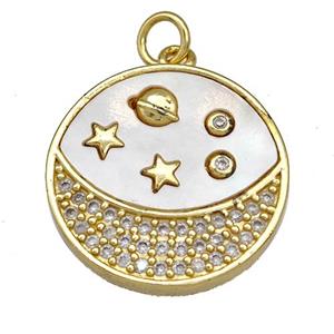 Copper Moon Pendant Pave Shell Zircon Planet 18K Gold Plated, approx 20mm