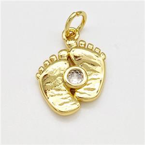 Feet Charms Copper Pendant Pave Zircon Gold Plated, approx 14-15mm