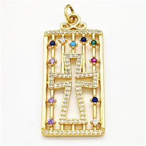 Copper Rectangle Pendant Pave Zircon Cross Gold Plated, approx 18-35mm