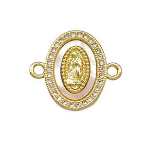 Jesus Charms Copper Oval Connector Pave Shell Zirconia 18K Gold Plated, approx 13-17mm