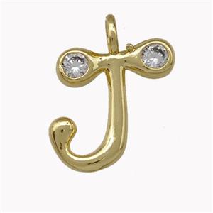 Copper Pendant Pave Zirconia Letter-J Gold Plated, approx 11-18mm