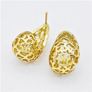 Copper Earring Studs Pave Zirconia Hollow Teardrop Gold Plated, approx 12mm, 14-20mm