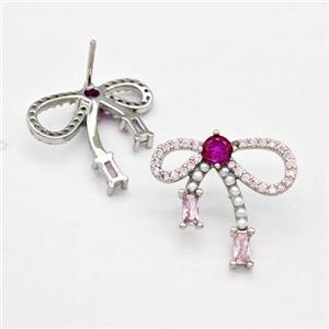 Copper Bow Stud Earrings Pave Zirconia Pearlized Resin Platinum Plated, approx 18-20mm