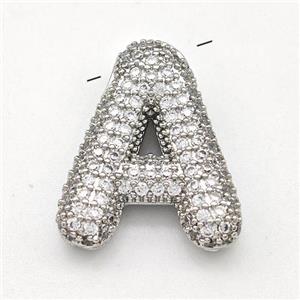 Copper Letter-A Pendant Micro Pave Zirconia Platinum Plated, approx 15-22mm