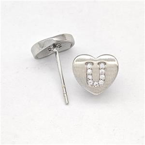 Copper Heart Stud Earring Pave Zirconia Letter-U Platinum Plated, approx 8-9mm