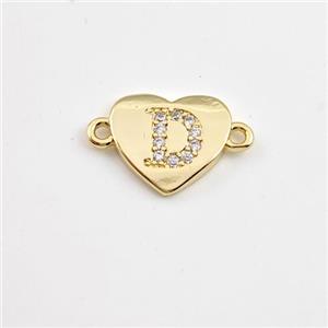 Copper Heart Connector Pave Zirconia Letter-D Gold Plated, approx 12mm