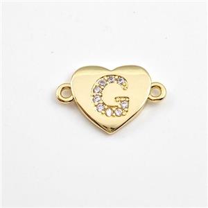 Copper Heart Connector Pave Zirconia Letter-G Gold Plated, approx 12mm