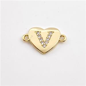 Copper Heart Connector Pave Zirconia Letter-V Gold Plated, approx 12mm