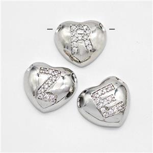 Copper Heart Alphabet Pendant Pave Zirconia Mixed Letters Large Hole Platinum Plated, approx 16mm, 3mm hole