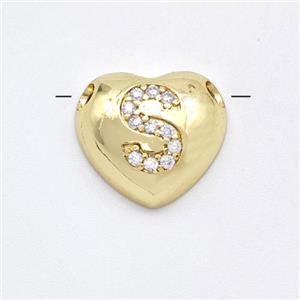 Copper Heart Pendant Pave Zirconia Letter-S Large Hole Gold Plated, approx 16mm, 3mm hole