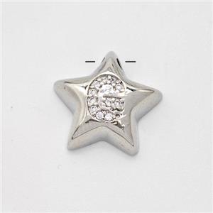 Copper Star Pendant Pave Zirconia Letter-G Large Hole Platinum Plated, approx 16mm, 3mm hole