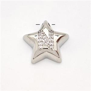 Copper Star Pendant Pave Zirconia Letter-N Large Hole Platinum Plated, approx 16mm, 3mm hole