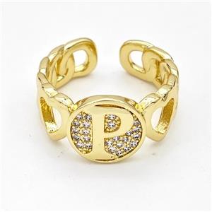 Copper Ring Pave Zirconia Letter-P Gold Plated, approx 12mm, 18mm dia