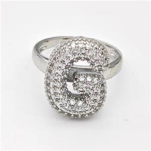 Copper Ring Pave Zirconia Letter-G Platinum Plated, approx 14-19mm, 18mm dia