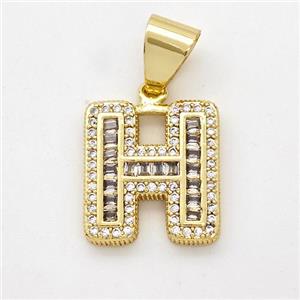 Copper Pendant Pave Zirconia Letter-H Gold Plated, approx 13-18mm