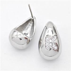 Copper Teardrop Stud Earring Pave Zirconia Letter-K Platinum Plated, approx 11-18mm