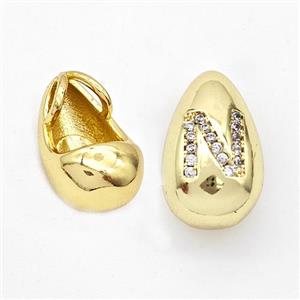 Copper Teardrop Pendant Pave Zirconia Letter-N Gold Plated, approx 11-18mm, 3mm hole