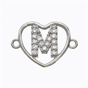 Copper Heart Connector Pave Zirconia Letter-M Platinum Plated, approx 15.5mm