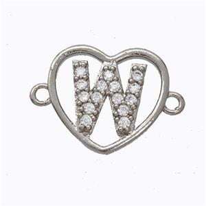 Copper Heart Connector Pave Zirconia Letter-W Platinum Plated, approx 15.5mm